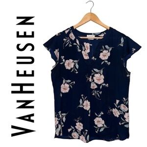 VAN HEUSEN Navy Floral V-Neck Flutter Sleeve Top Blouse Shirt Cap Short Womens L